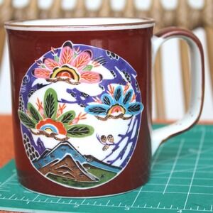 Vintage Japanese Style Red Ceramic Coffee Mug Floral Mountain Landscape Design
